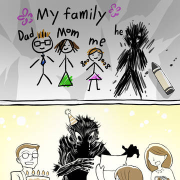 original comic, horror, family / ホラー映画で子供が描く怖い絵