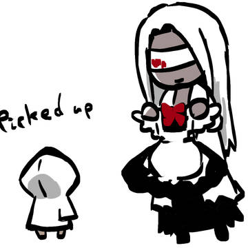 Homicipher, chibi, freshly decapitated head / 【文字化化】主人公ちゃん & 銀髪の男 / fanart