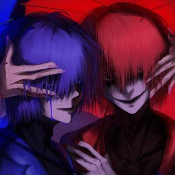 illustration, digital, homicipher / 赤いと青い傘