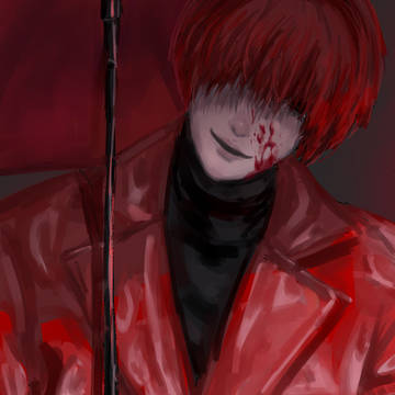 bloody, illustration, impasto / 赤い傘の男